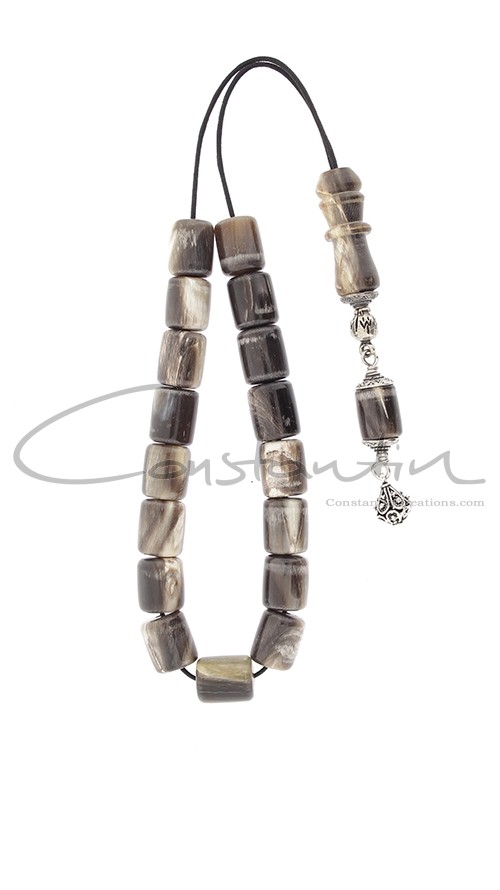 Pocket size, natural horn Greek komboloi, decorated with sterling silver parts.