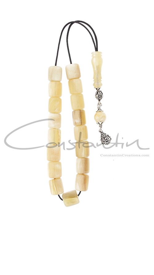 Natural horn Greek komboloi, decorated with gemstone and silver.