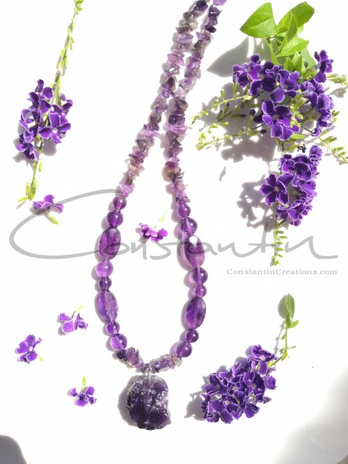 Totally Amethyst ! Handcrafted necklace made of natural Amethyst in various sizes and shapes.