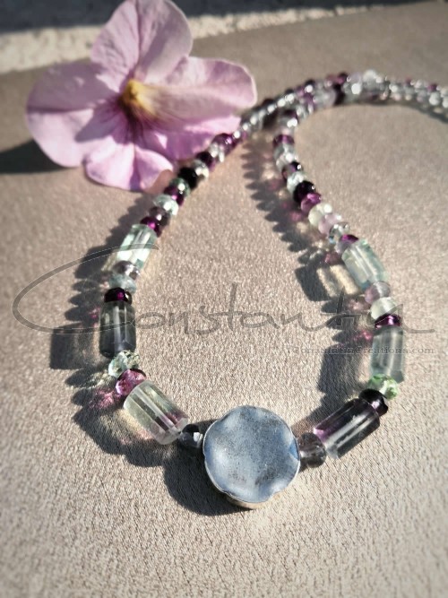 Casual necklace made of multicolor Fluorite gemstone and silver.