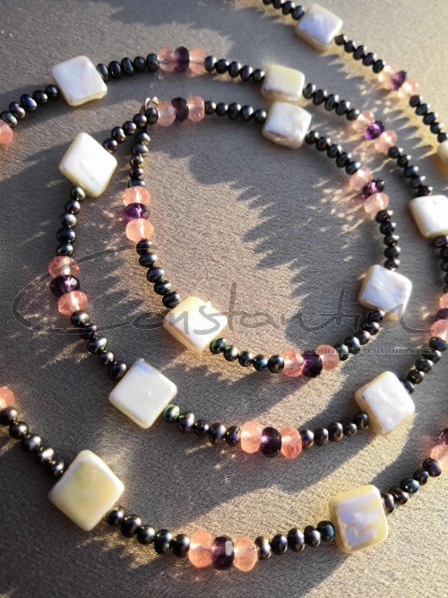 Long & Elegant, handcrafted beaded necklace of Natural Pearls, Cherry quartz and Amethyst.