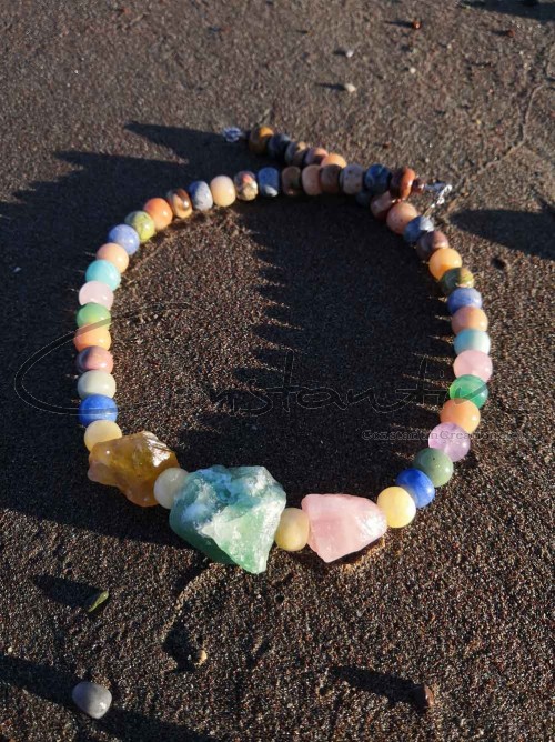 Amethyst, Amazonite, blue Sodalite, yellow Jade, green Agate, Jasper, Unakite beads and more gemstones on a handmade necklace.