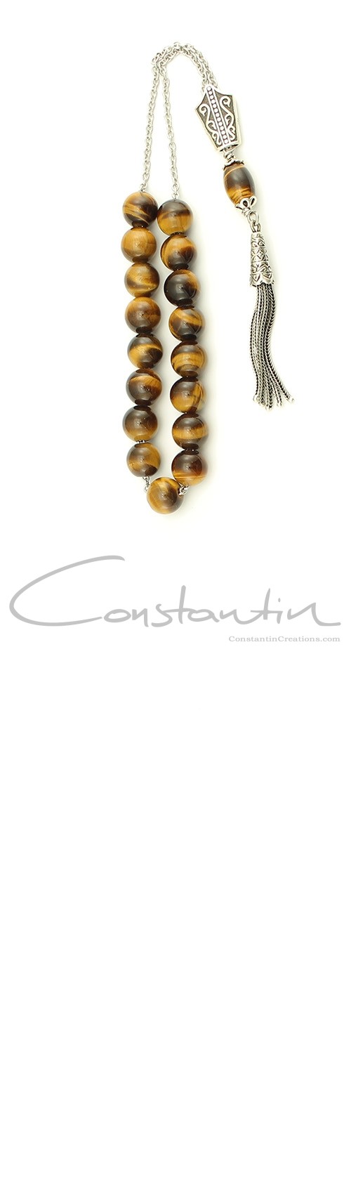 Elegant Greek komboloi, made of Tiger's eye gemstone and precious metal.