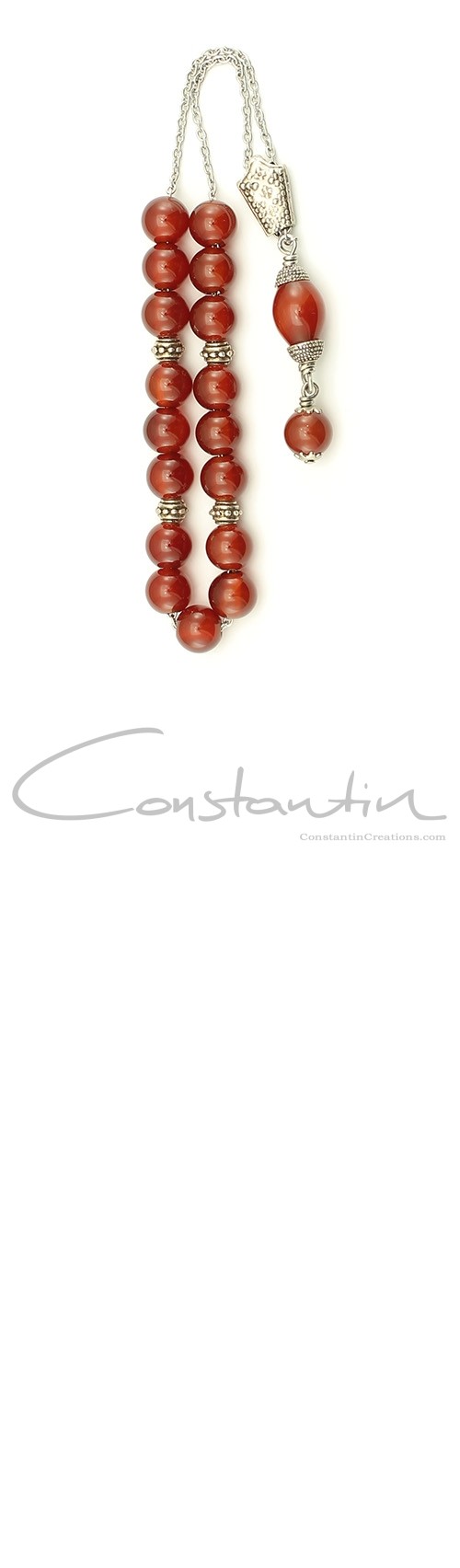 Greek komboloi made of natural Red Agate stone in strong steel chain.