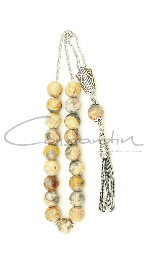 Greek, pocket size komboloi made of, natural multicolor Jasper stone and silver parts.
