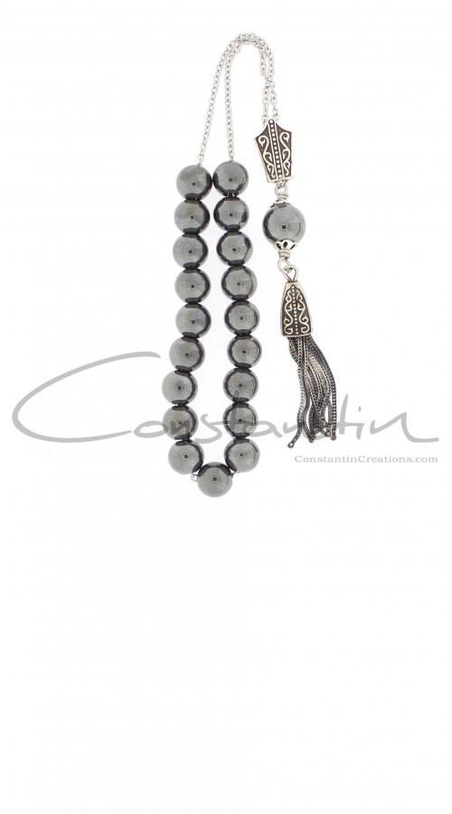 Natural  Hematite gemstone, Greek komboloi with premium quality, sterling silver decoration.