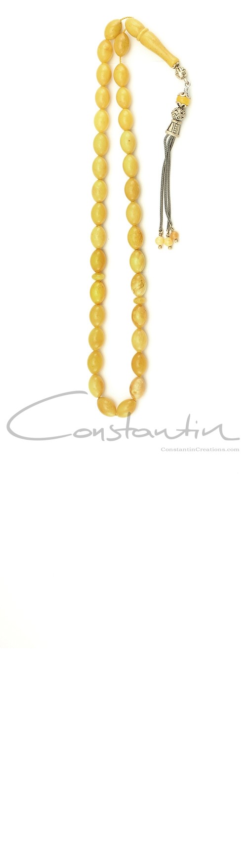 Light Yellow, natural Baltic amber worry beads set of 33 beads and silver decoration.