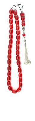 Large Greek komboloi set of 33 beads, made of  Vintage Transparent  Red Faturan. 