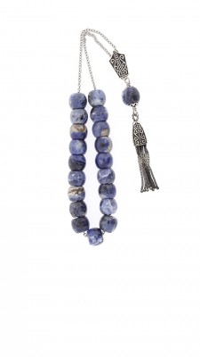Light blue, mineral Sodalite, Greek komboloi with handcrafted silver parts and tassel.