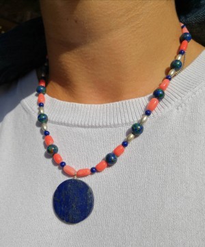 Round Lapis Lazuli pendant, on a handcrafted, beaded necklace of Coral, silver and Azurite.