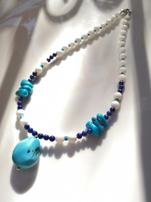 Everyday beaded necklace of natural Turquoise, Lapis Lazuli and Quartzite gemstones. 