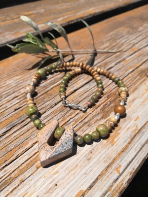 Tiger skin Jasper gemstone, handcrafted necklace, decorated with silver and Unikate beads.