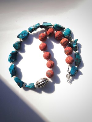 Colorful necklace made of natural Crysocolla, sponge Coral and small white Coral beads.