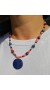 Round Lapis Lazuli pendant, on a handcrafted, beaded necklace of Coral, silver and Azurite.