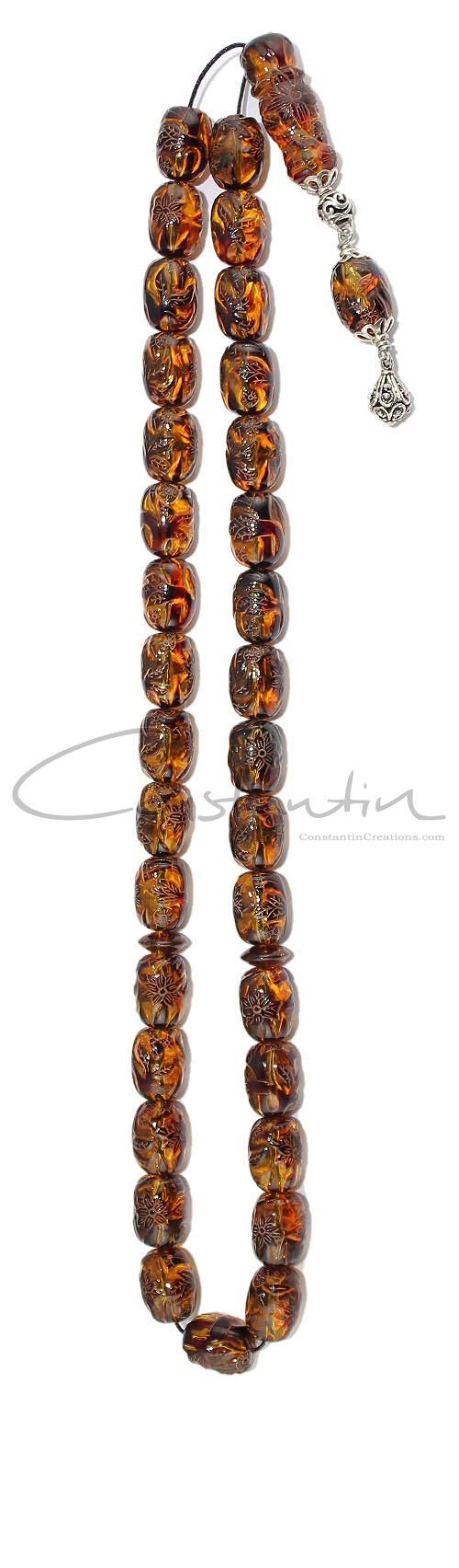 Flower pattern, Unique hand engraved natural amber worry beads.