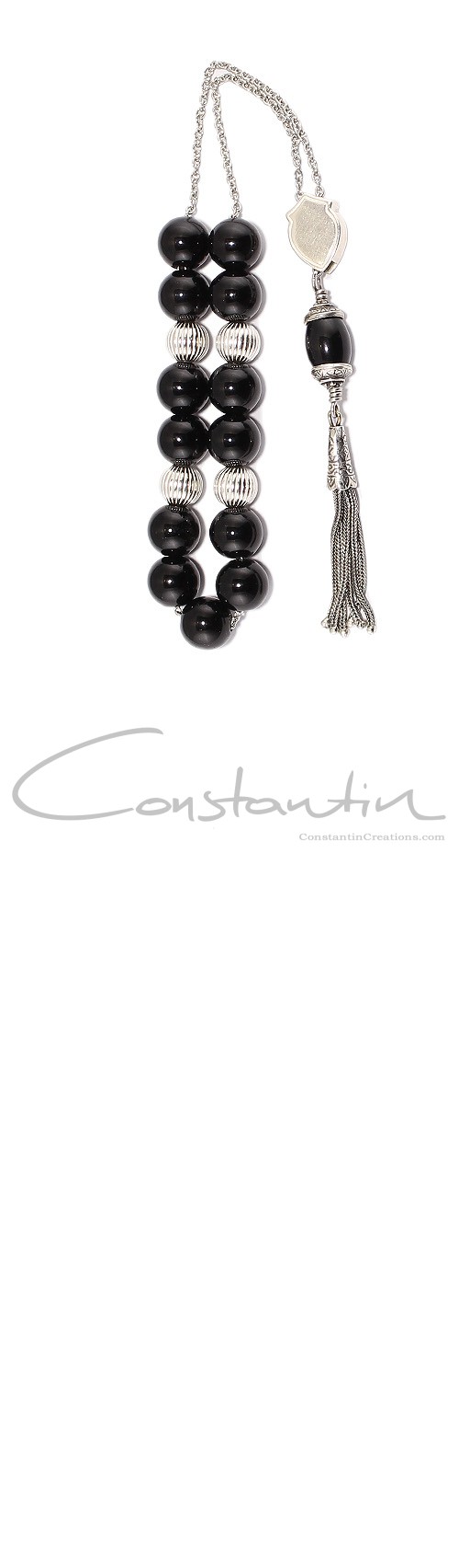 Greek style komboloi made of silver beads,silver parts and natural Black Onyx stone.