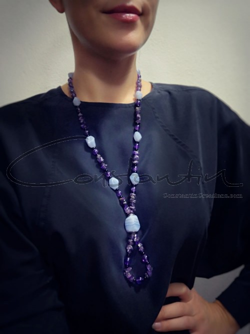 Amethyst, Chalcedony and black Onyx gemstones on a long, handmade necklace.