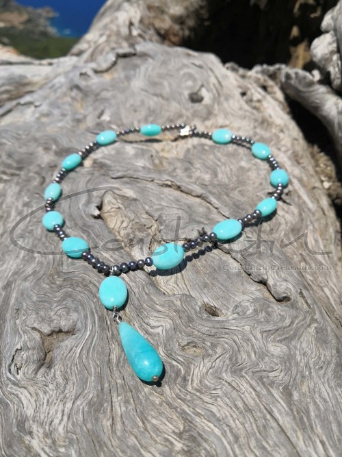 Amazonite gemstone and gray Pearls on handcrafted beaded necklace.