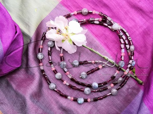 Jewelry set of long multicolor, gemstone beaded necklace and matching earrings