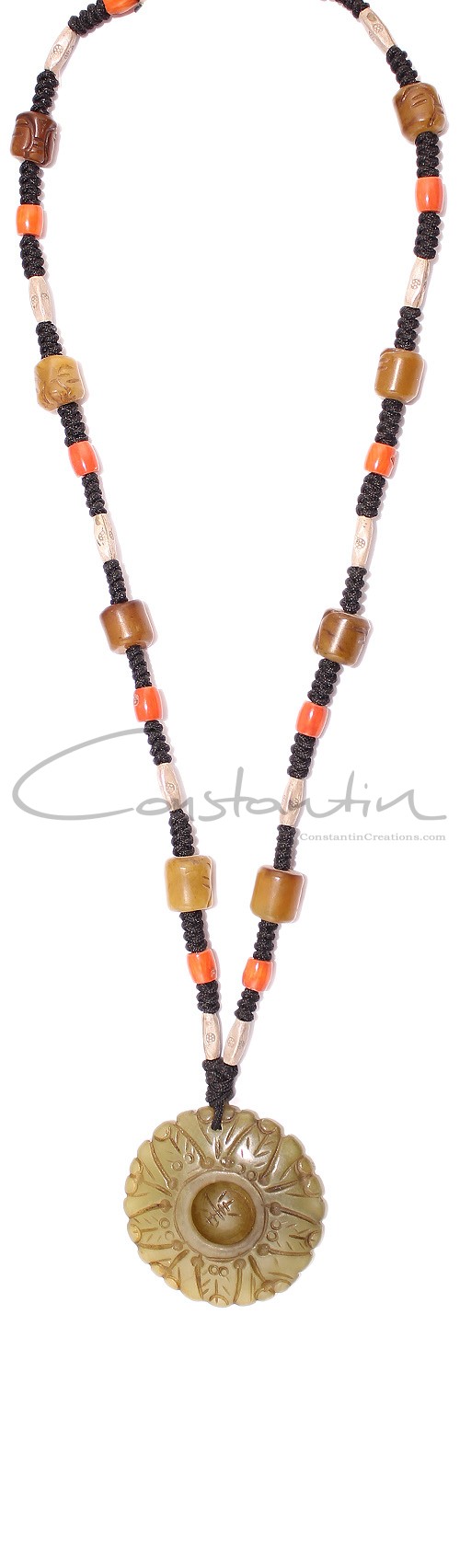  Hand carved Jade , Agate stone and Coral beads necklace.