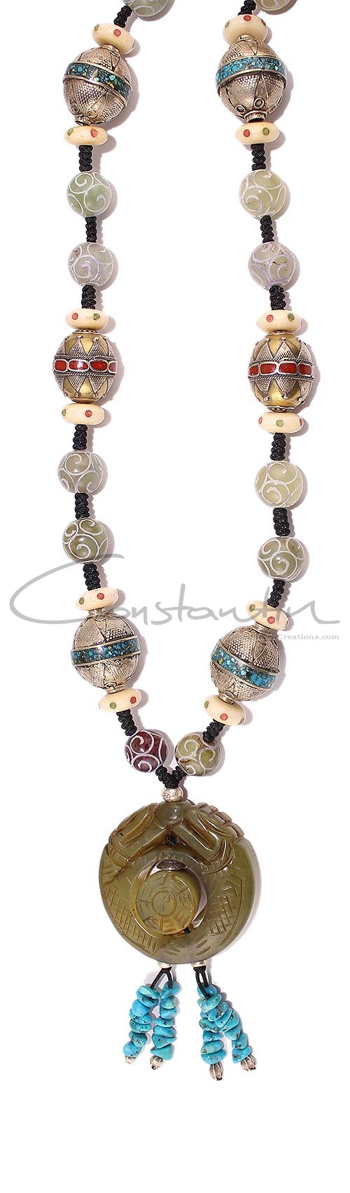 Hand made long necklace made of vintage, silver Nepalese beads and gem stones.