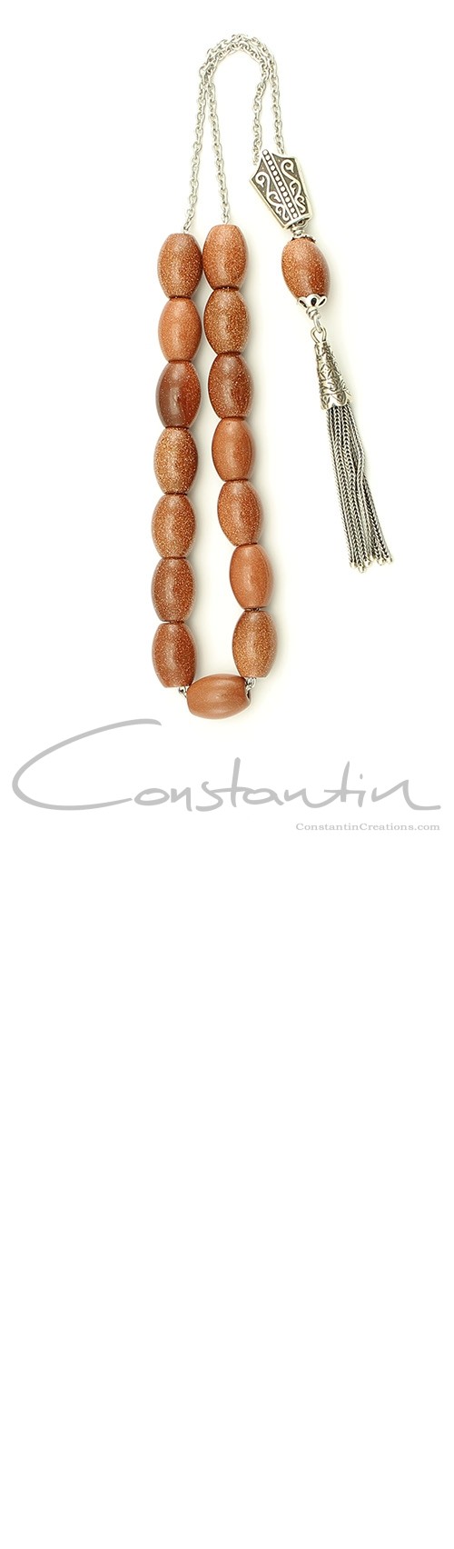 Sparkling, Greek komboloi made of Brown Goldstone and antique finished sterling silver parts.