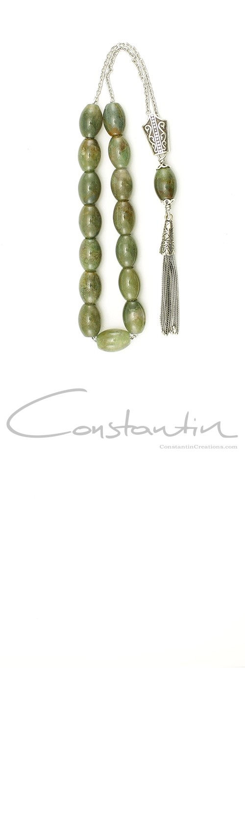 Greek komboloi made of natural, African green Jasper stone and silver.