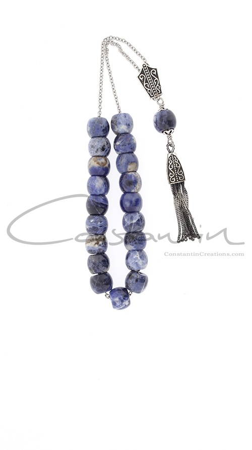 Light blue, mineral Sodalite, Greek komboloi with handcrafted silver parts and tassel.