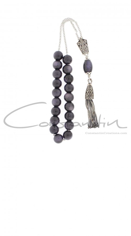 Sparkling Blue Goldstone, greek komboloi with handcrafted silver parts and tassel.