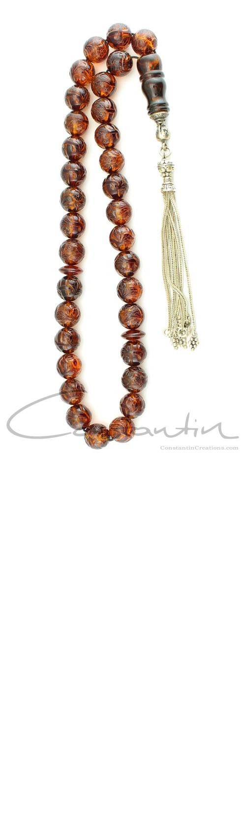 Unique, hand engraved natural amber worry beads set.