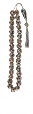 Vintage, large and heavy worry beads set with round shape beads decorated with mosaic artwork.