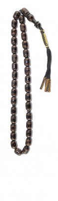 Worry beads set, made of natural Black Coral, decorated by hand work with copper inlays.