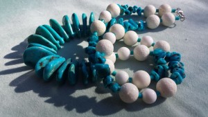 Hand made beaded Necklace with natural white Corral and Turquoise beads.