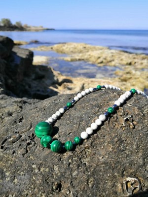 Hand crafted beaded necklace with graduated size, Malachite center beads.  