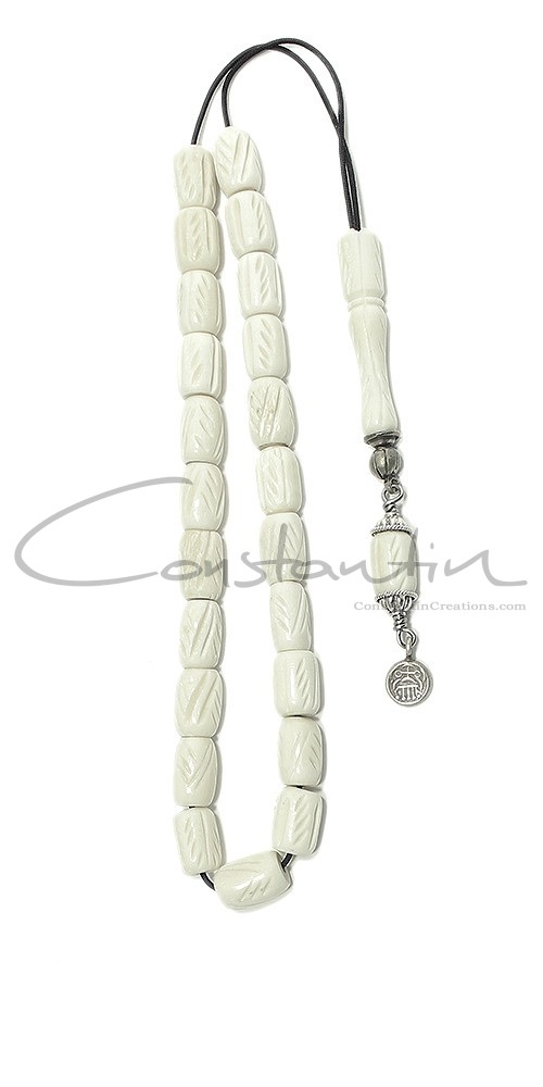 Handy size Greek komboloi with engraved bone beads and solid sterling silver parts.