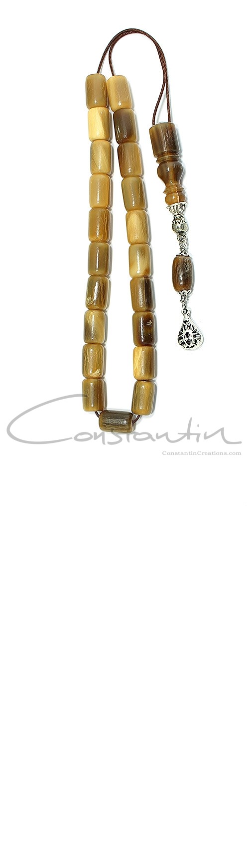 Natural horn beads, hand crafted Greek komboloi with sterling silver decorative parts.