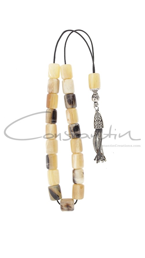 Greek komboloi of multicolor, natural horn and silver parts.