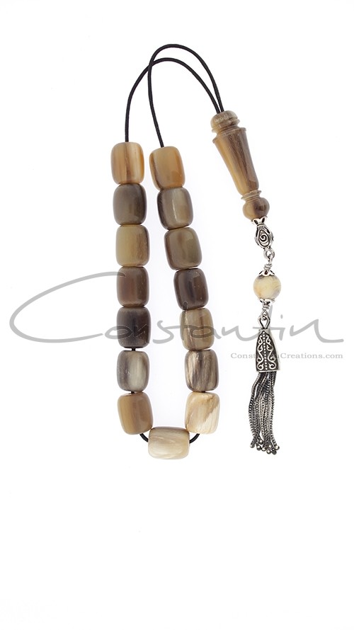 Hand made, pocket size Greek komboloi of natural horn and silver decoration.