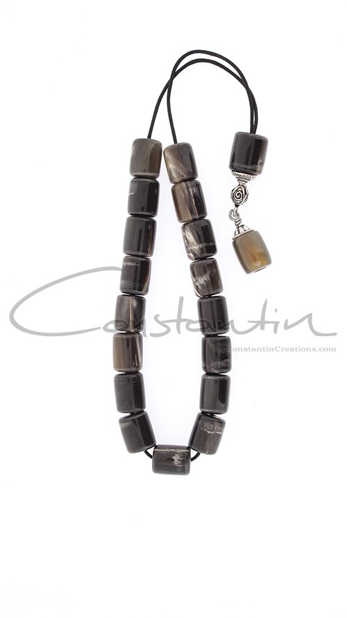 Black / Grey natural horn, Greek komboloi decorated with antique finished sterling silver  parts.