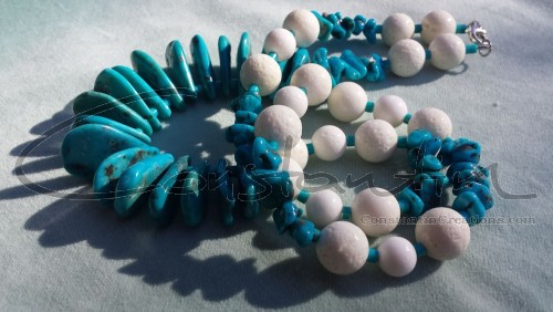 Hand made beaded Necklace with natural white Corral and Turquoise beads.