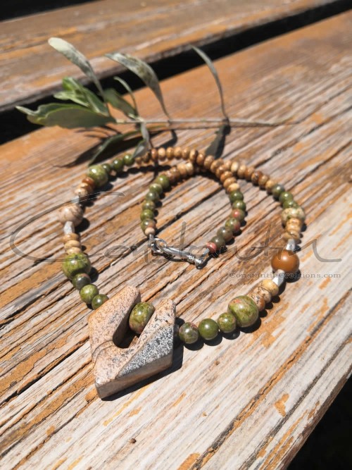 Tiger skin Jasper gemstone, handcrafted necklace, decorated with silver and Unikate beads.