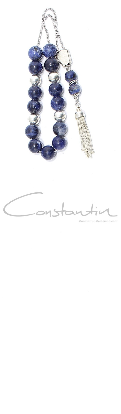 Dark blue mineral Sodalite, Greek komboloi with silver parts &  beads.