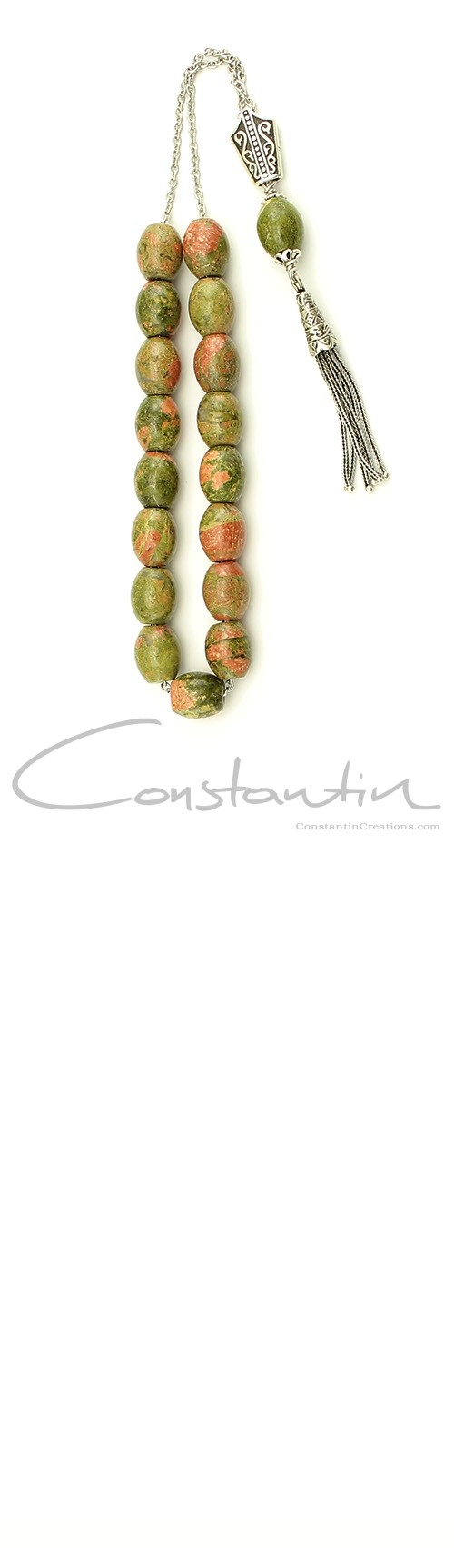 Natural Unakite gemstone, Greek komboloi with sterling silver decoration.
