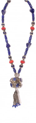 Long , Hand made necklace made of natural Lapis lazuli , Coral and vintage silver parts.