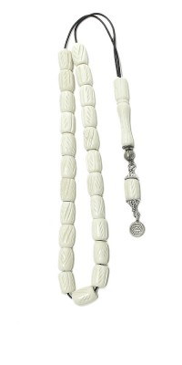 Handy size Greek komboloi with engraved bone beads and solid sterling silver parts.