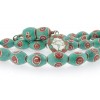 Unique and impressive table worry beads set made of hand crafted, vintage Nepalese brass beads , decorated by traditional technique with a paste made of turquoise and coral.