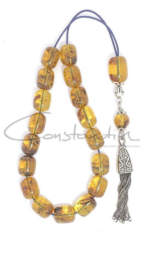 Greek komboloi made of Dominican amber and solid sterling silver