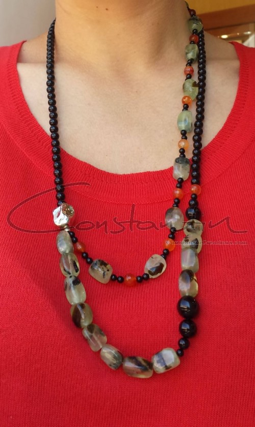 Handmade necklace made of natural Black Onyx and Green Prehnite stone beads, carnelian and silver parts.