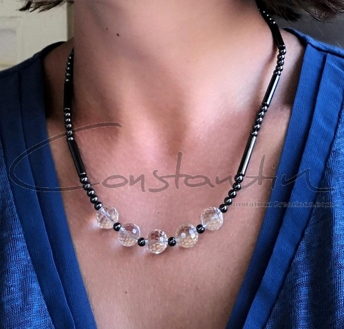 Easy wearing design, Hand crafted necklace of natural Hematite and Rock Crystal beads.