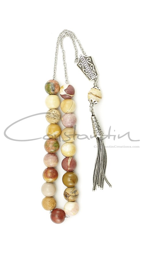 Multicolor selection of gemstones, in handmade Greek komboloi.